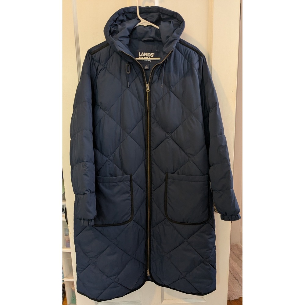 Lands End L 14-16 FeatherFree Insulated Quilted Maxi Coat Navy PrimaLoft Parka